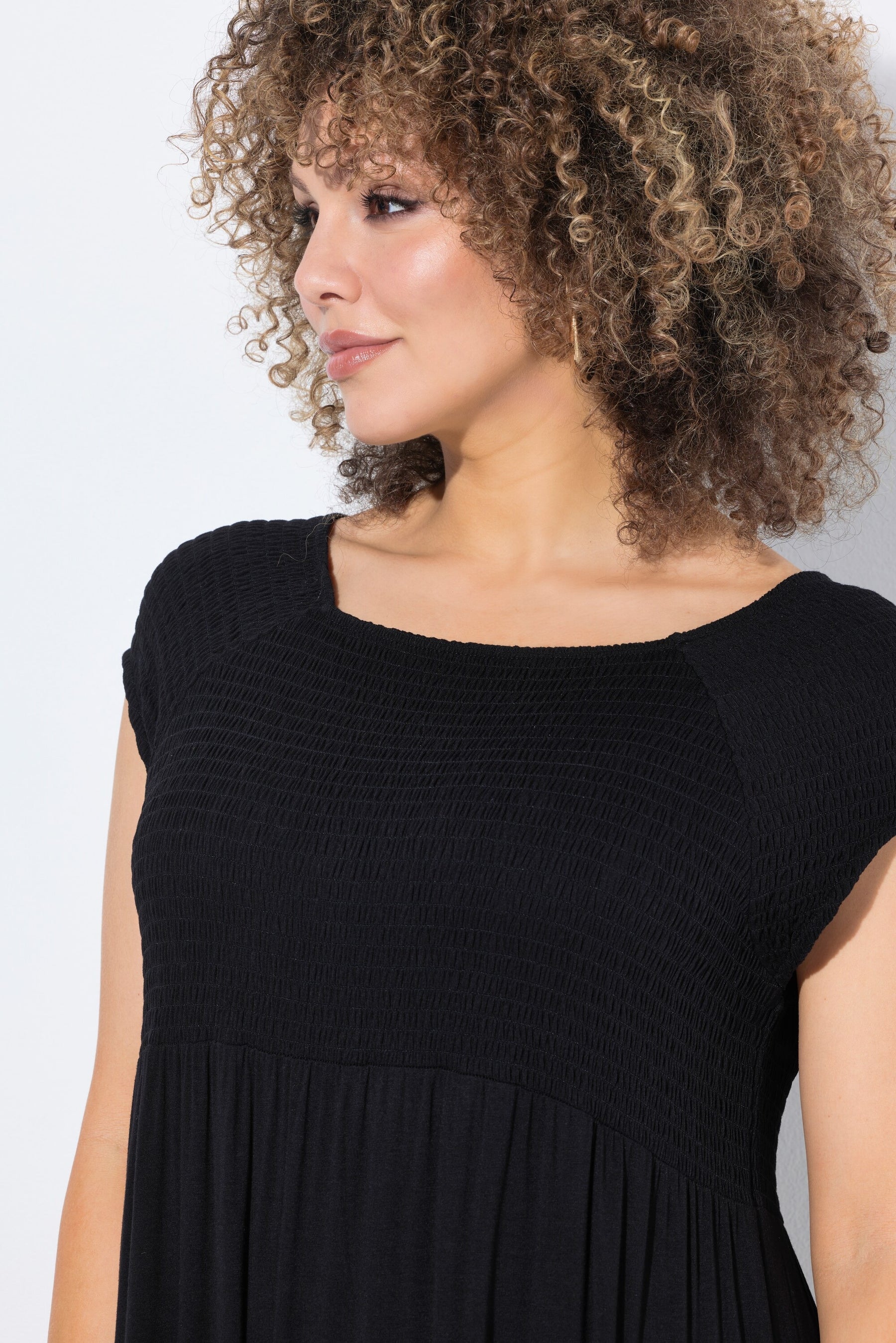 Ulla Popken Smocked Maxi Dress in Black
