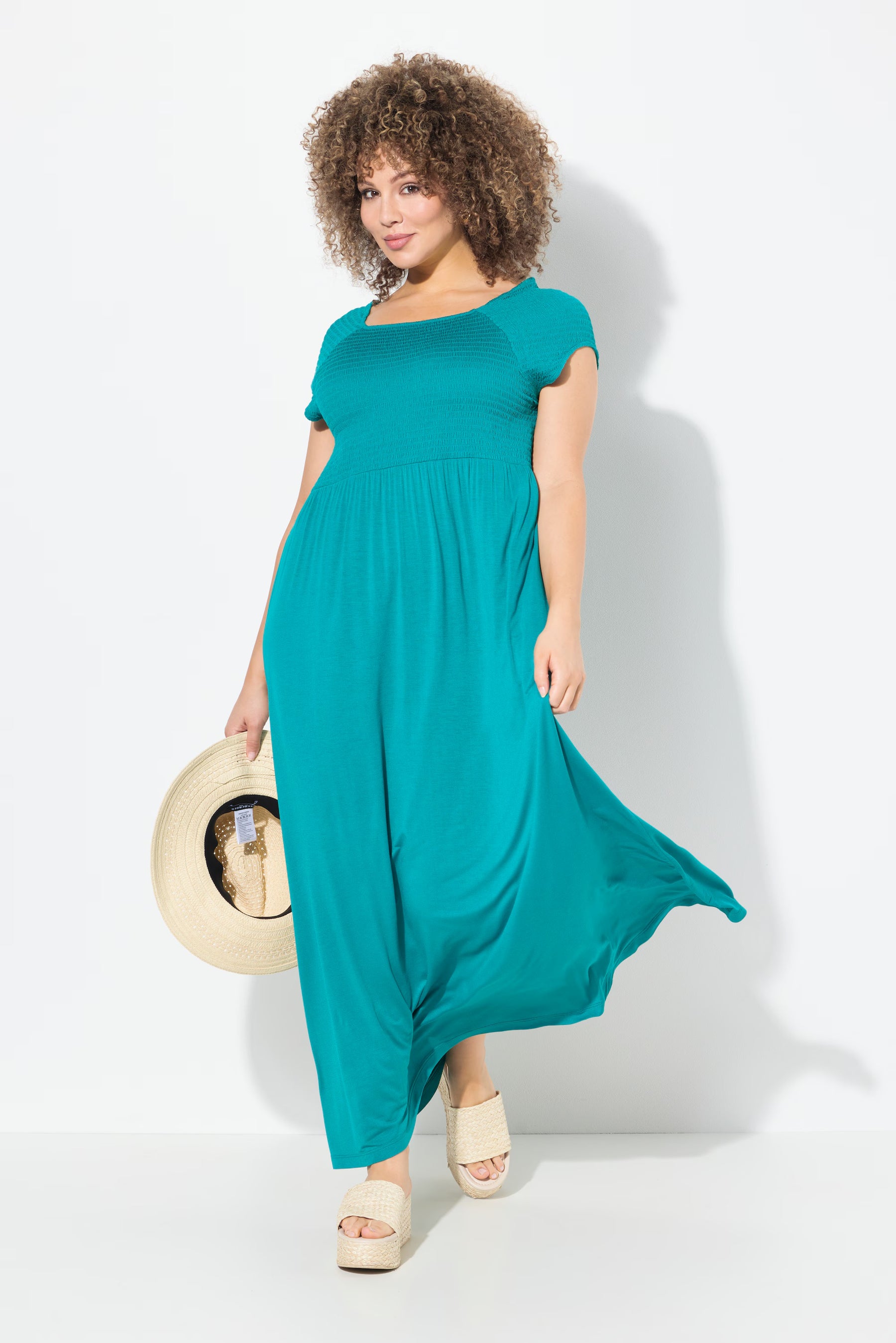 Ulla Popken Smocked Maxi Dress in Teal