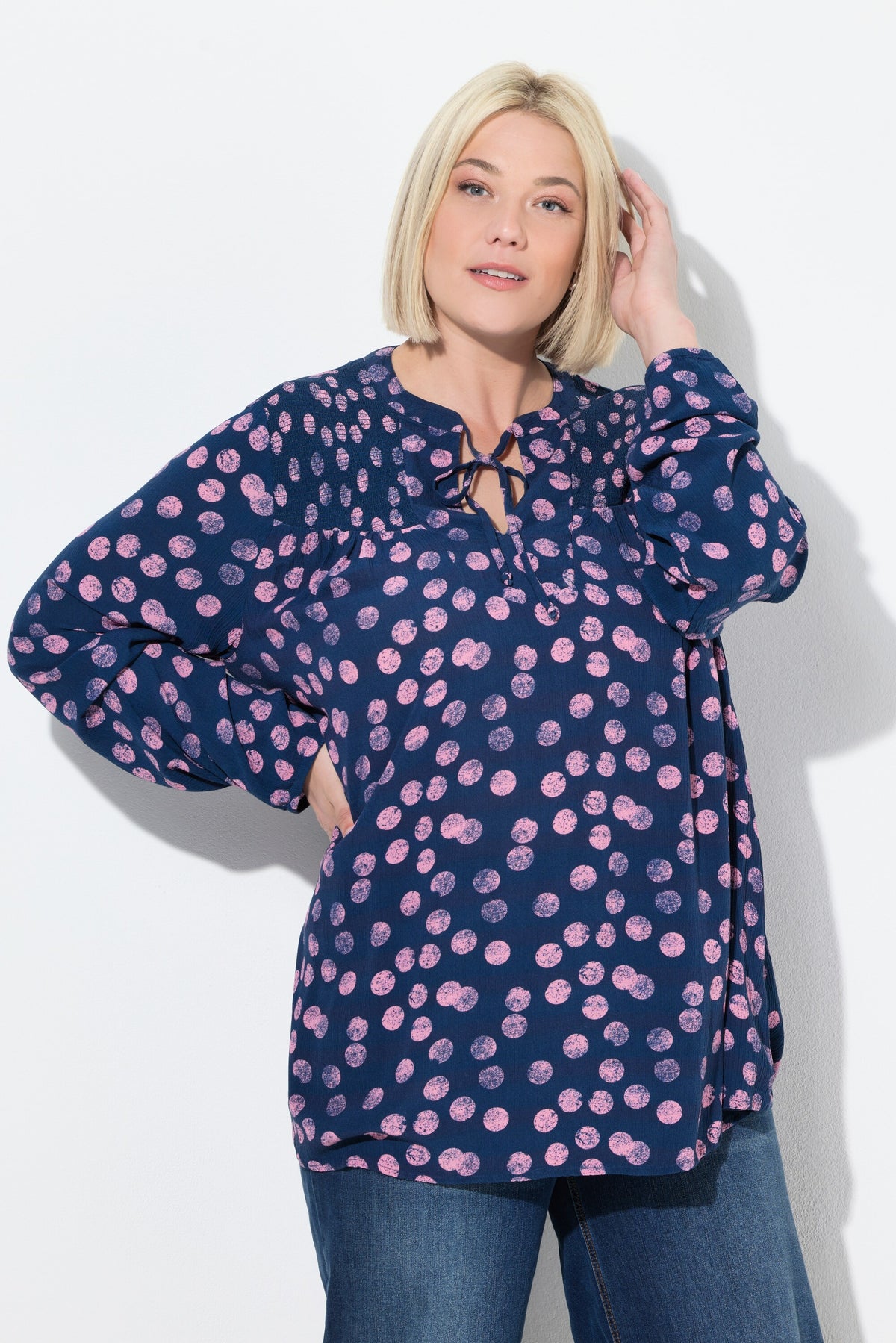 Ulla Popken Smocked Polka Dot Blouse in Navy