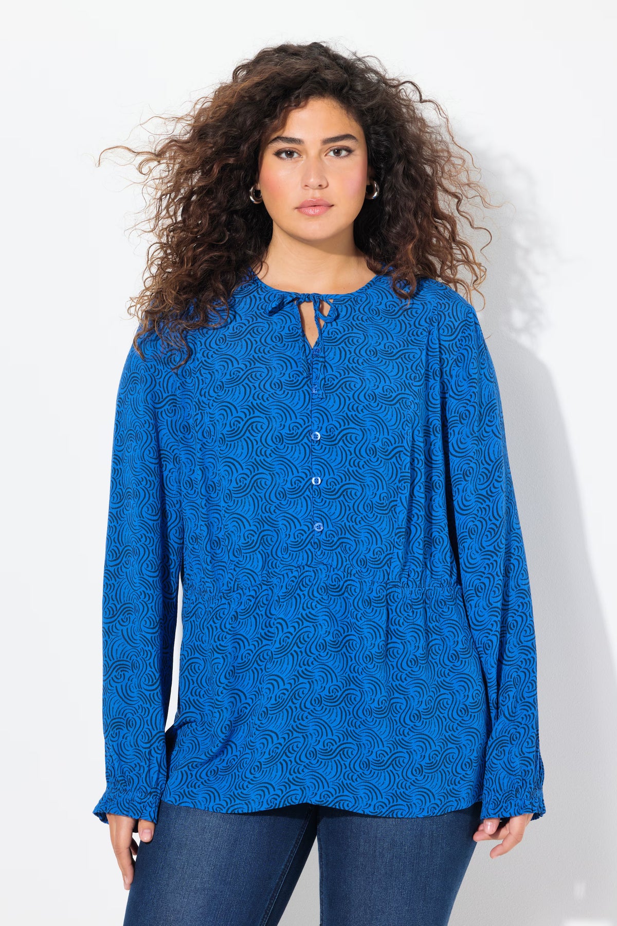 Ulla Popken Tie Neck Blouse in Blue