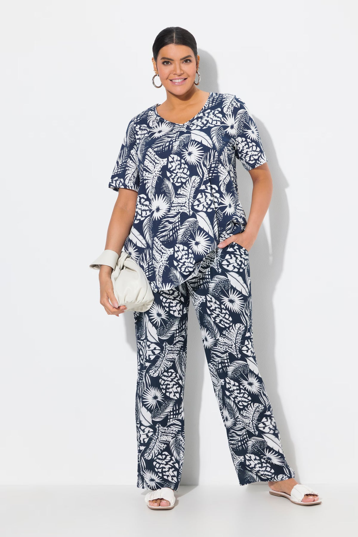 Ulla Popken Wide Leg Trousers in Navy Leaf