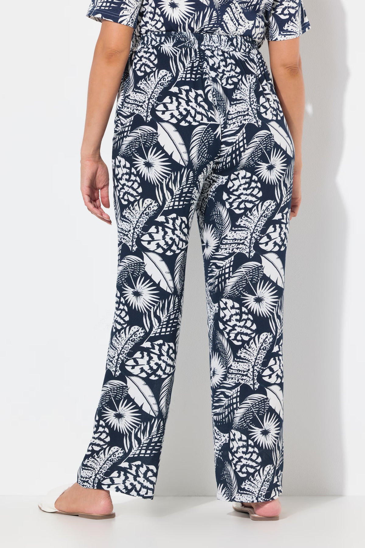 Ulla Popken Wide Leg Trousers in Navy Leaf