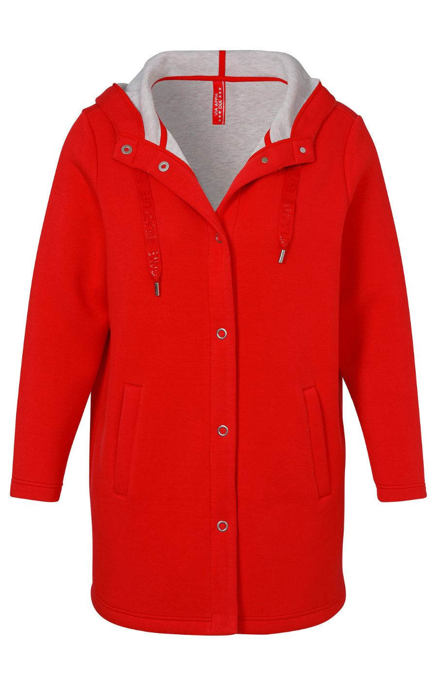 Red longline jacket, long sleeves, button closure, hood with drawstrings, pockets