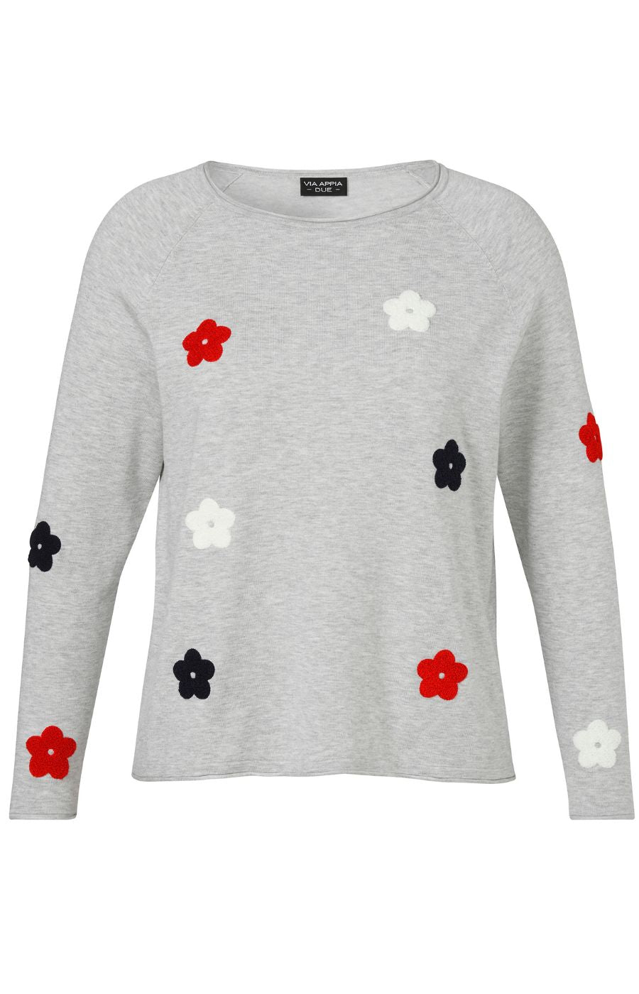 Grey fine knit Jumper, Long sleeves, Round neckline, Floral detailing in red, white and navy