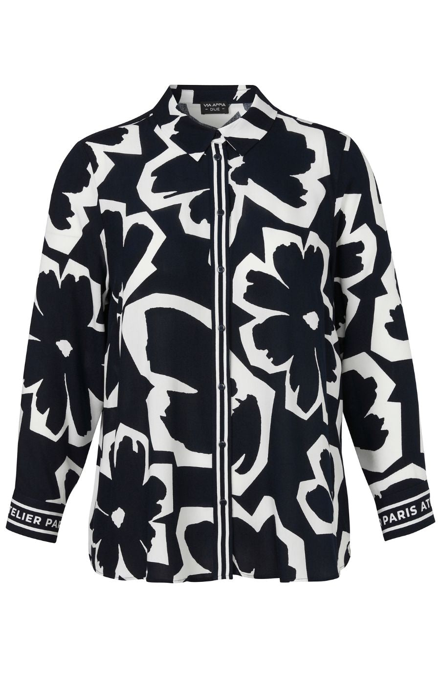 Navy and white floral patterned shirt with visible brand logo on a white background