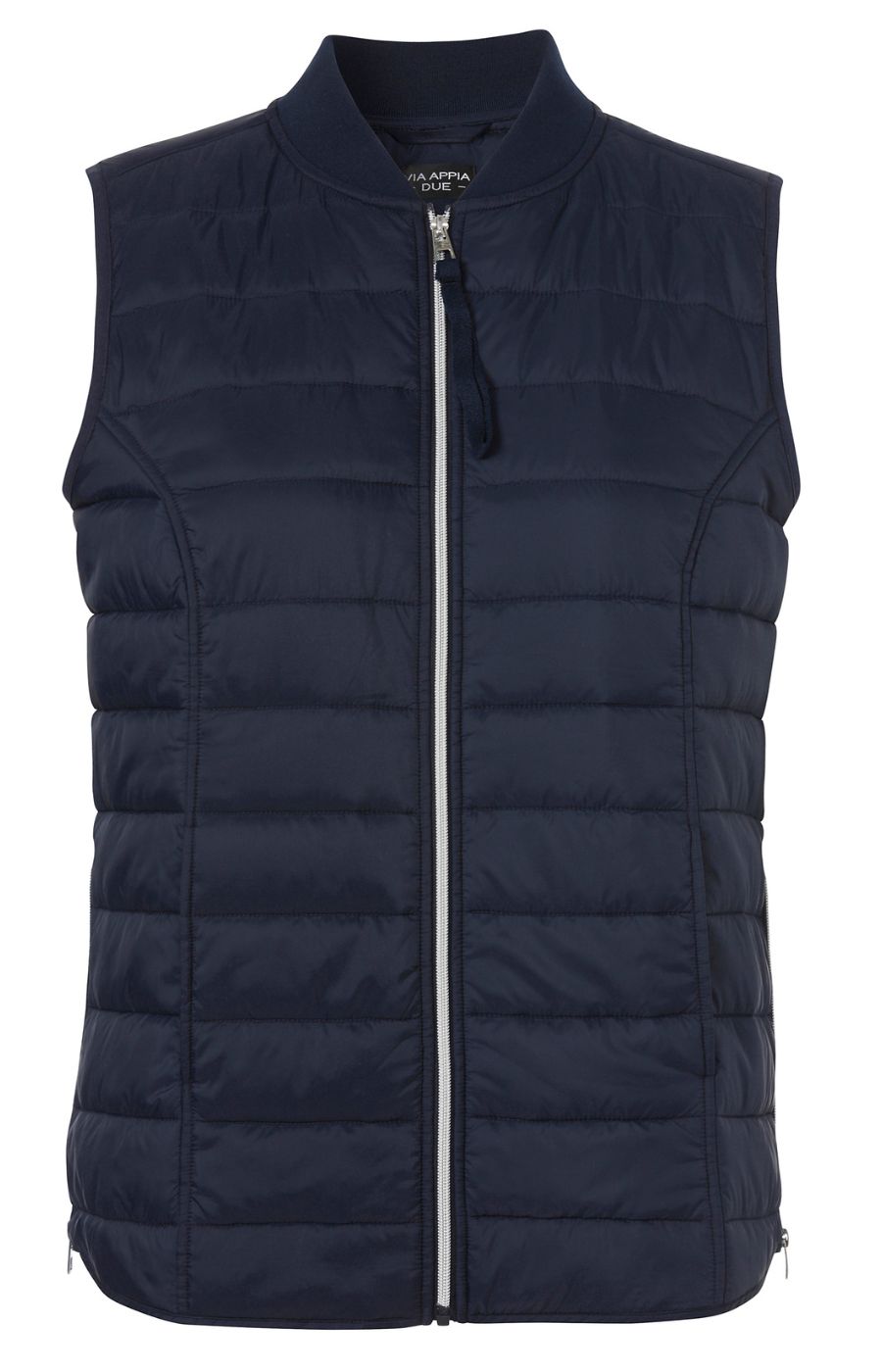 Navy padded gilet, with round neckline and silver zip on a white background
