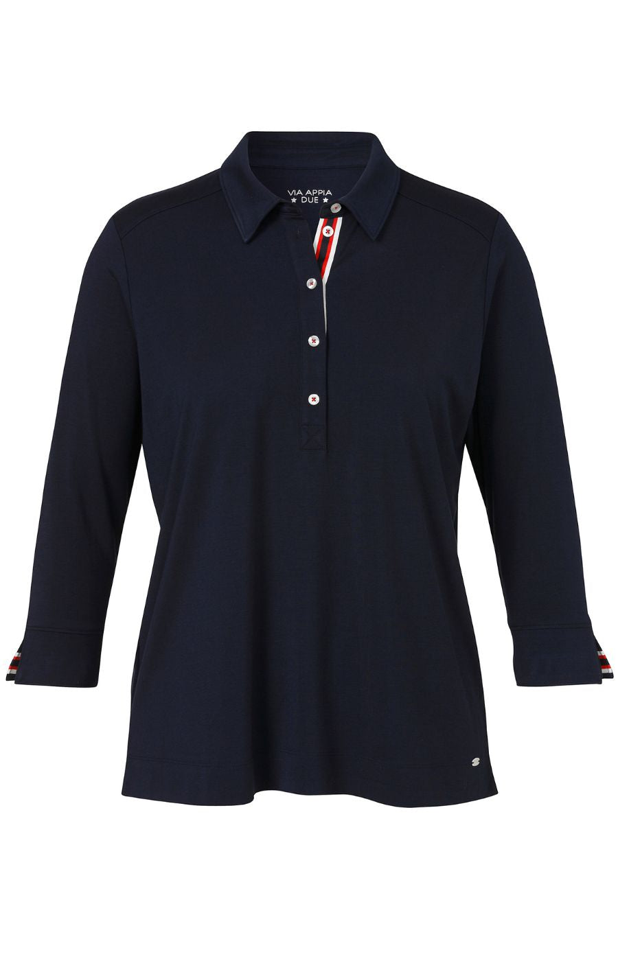 Navy polo shirt, 3/4 length sleeves, V neckline with shirt collar, short button placket