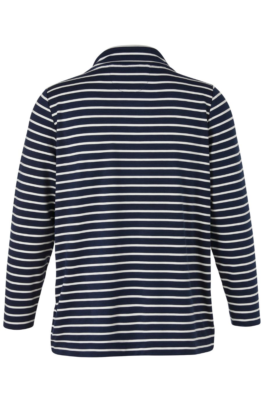 Navy and white striped sweater on a white background