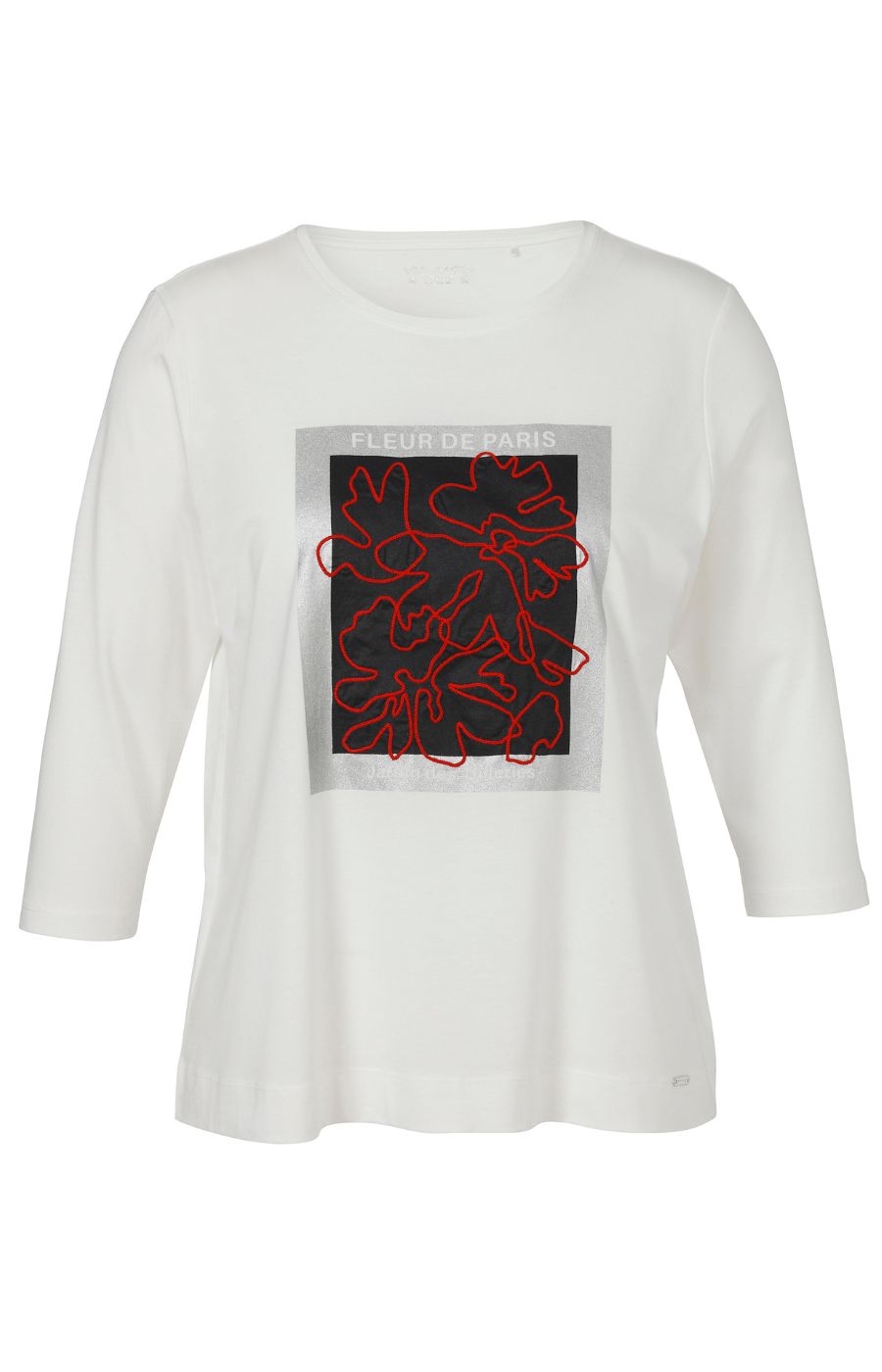 White t-shirt with 3/4 length sleeves, round neckline and a red and navy floral design on a white background
