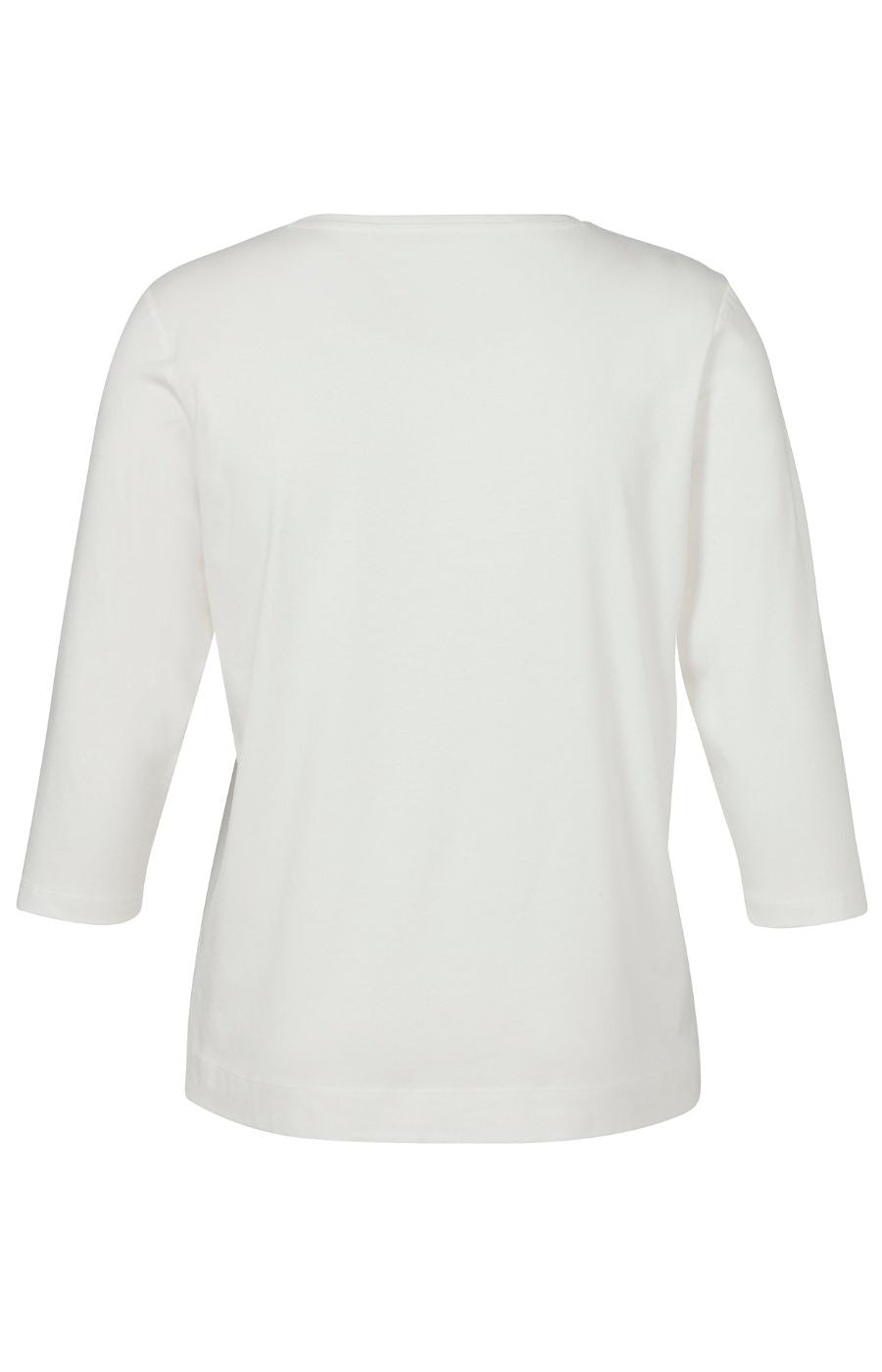 White t-shirt with 3/4 length sleeves, round neckline and a red and navy floral design on a white background