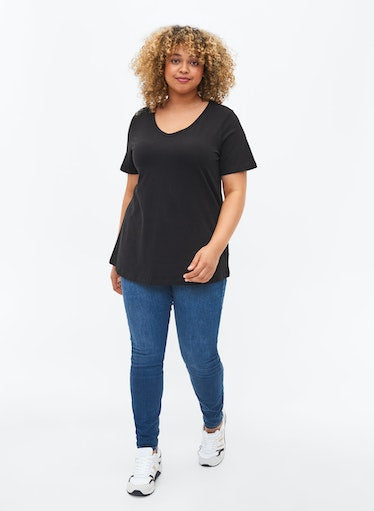 Zizzi Cotton V-Neck Tee Shirt Black