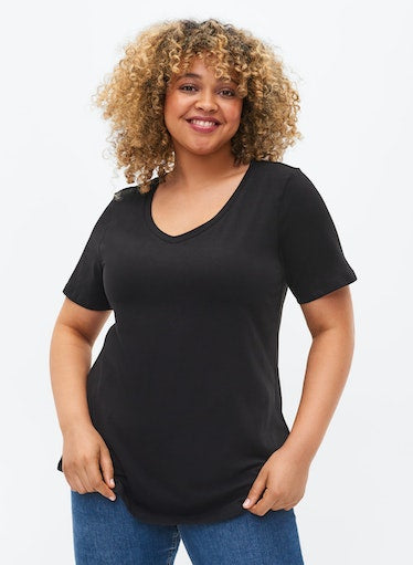 Zizzi Cotton V-Neck Tee Shirt Black