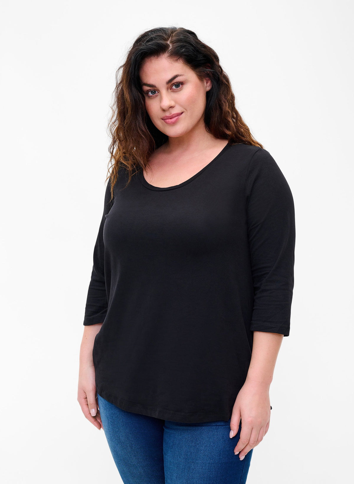 Zizzi Cotton 3/4 Sleeve Top in Black