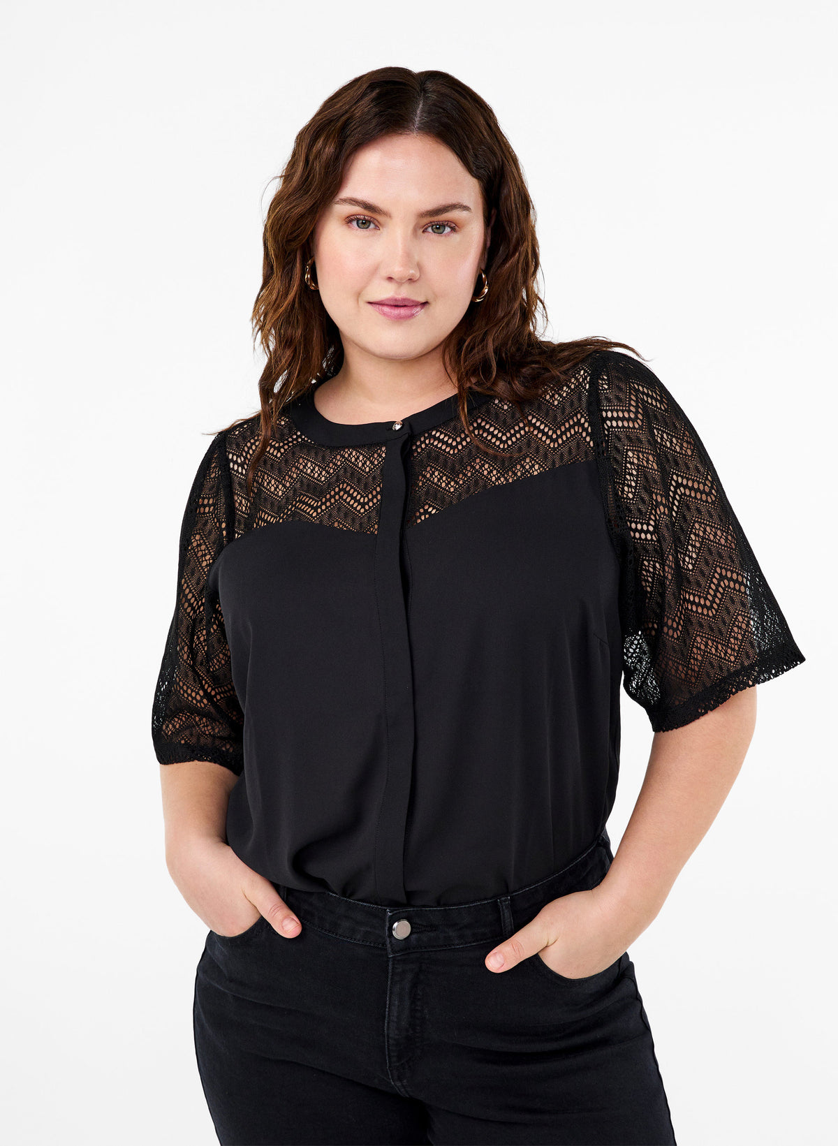 Zizzi Seli Shirt Blouse in Black Lace