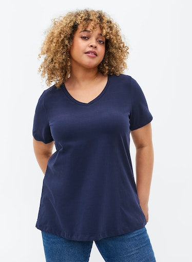 Zizzi Cotton V-Neck Tee Shirt Navy