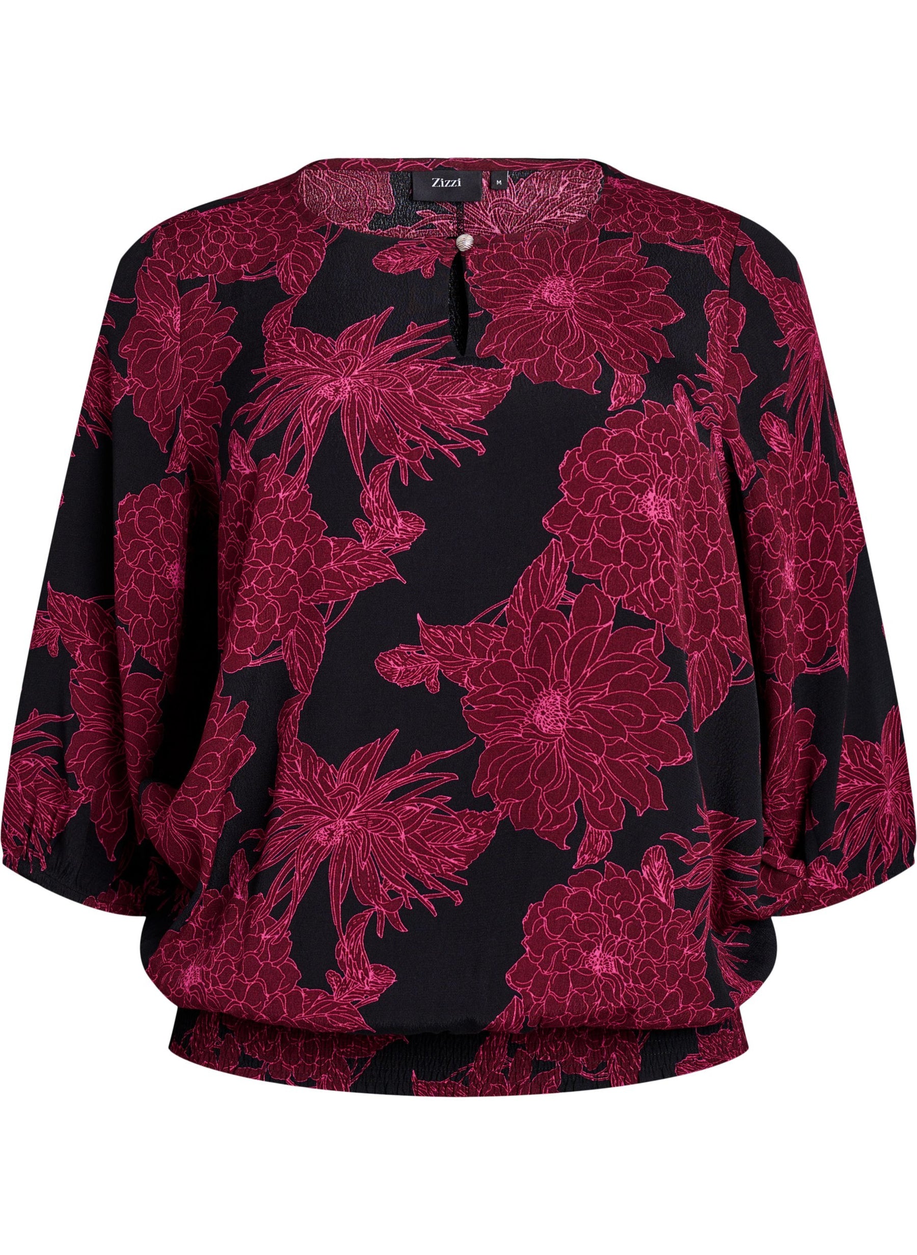 Zizzi Bella Smocked Blouse with Wine Floral Print