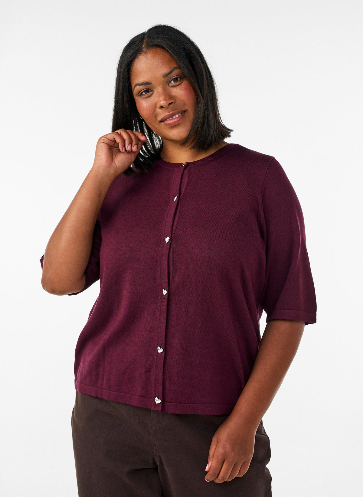Zizzi Carrie Short Sleeve Cardigan in Wine