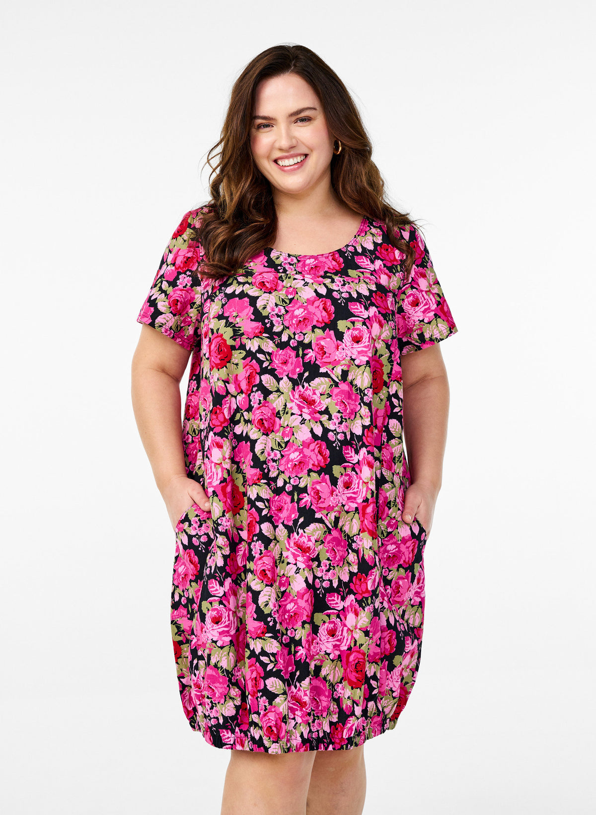 Zizzi Cotton Bubble Dress in Pink Roses