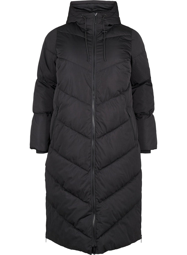 Black puffer coat on a white background