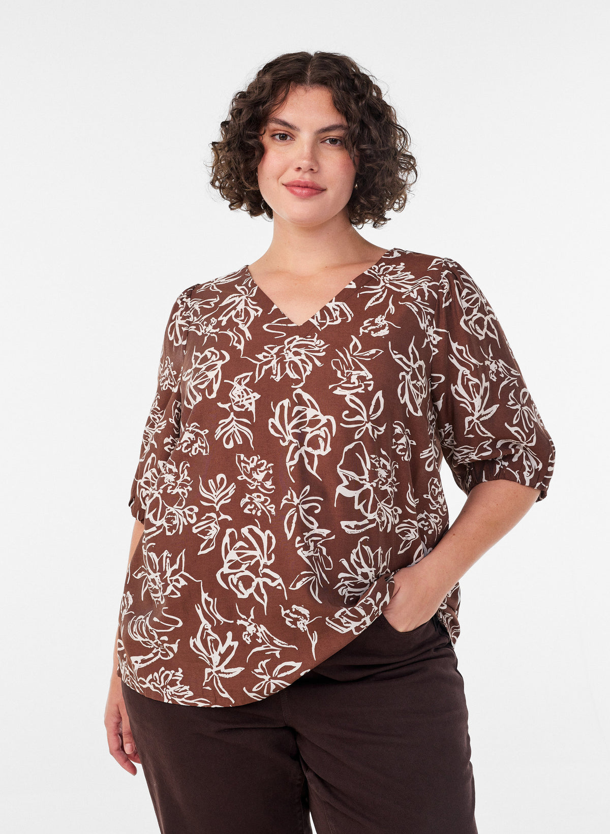 Zizzi Stina Blouse in Brown Flower