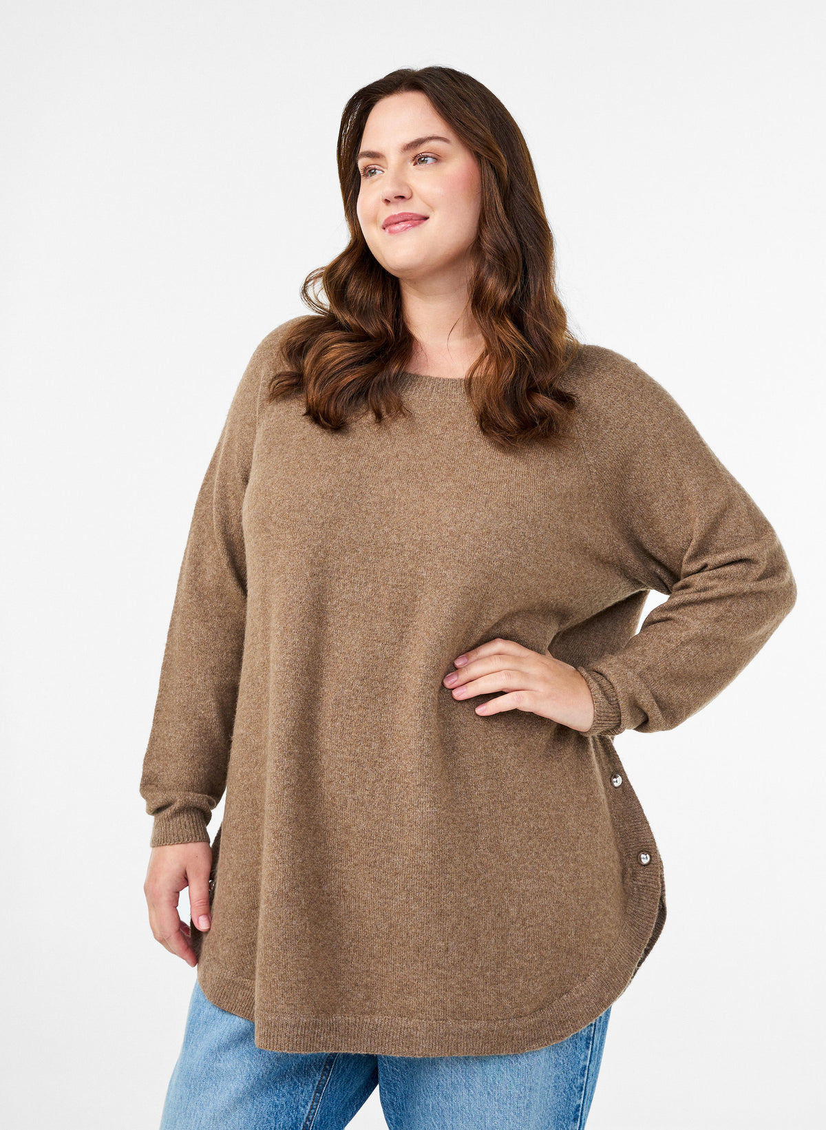 Zizzi Sunny Side Button Jumper in Taupe