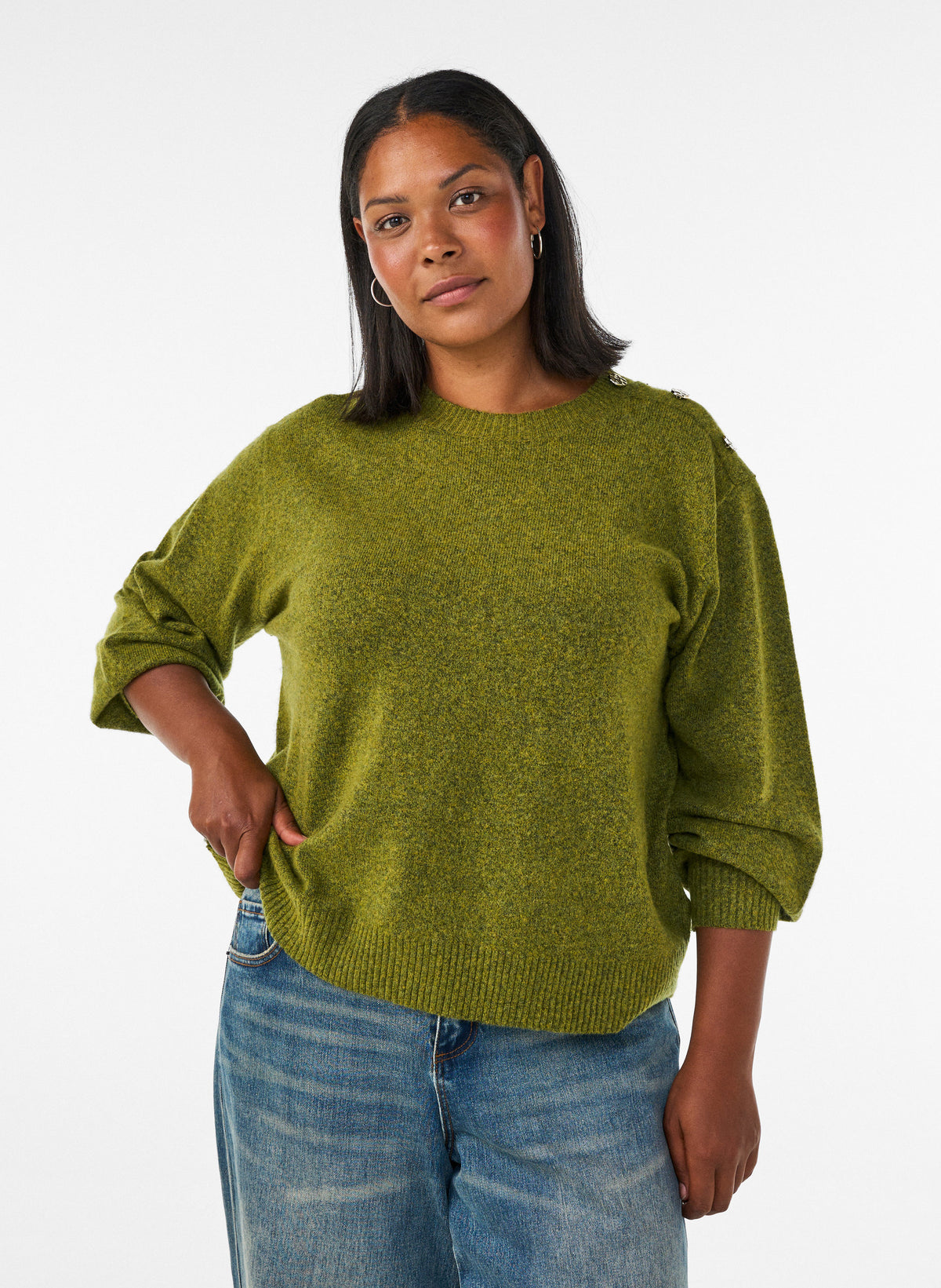 Zizzi Vista Button Shoulder Jumper in Green
