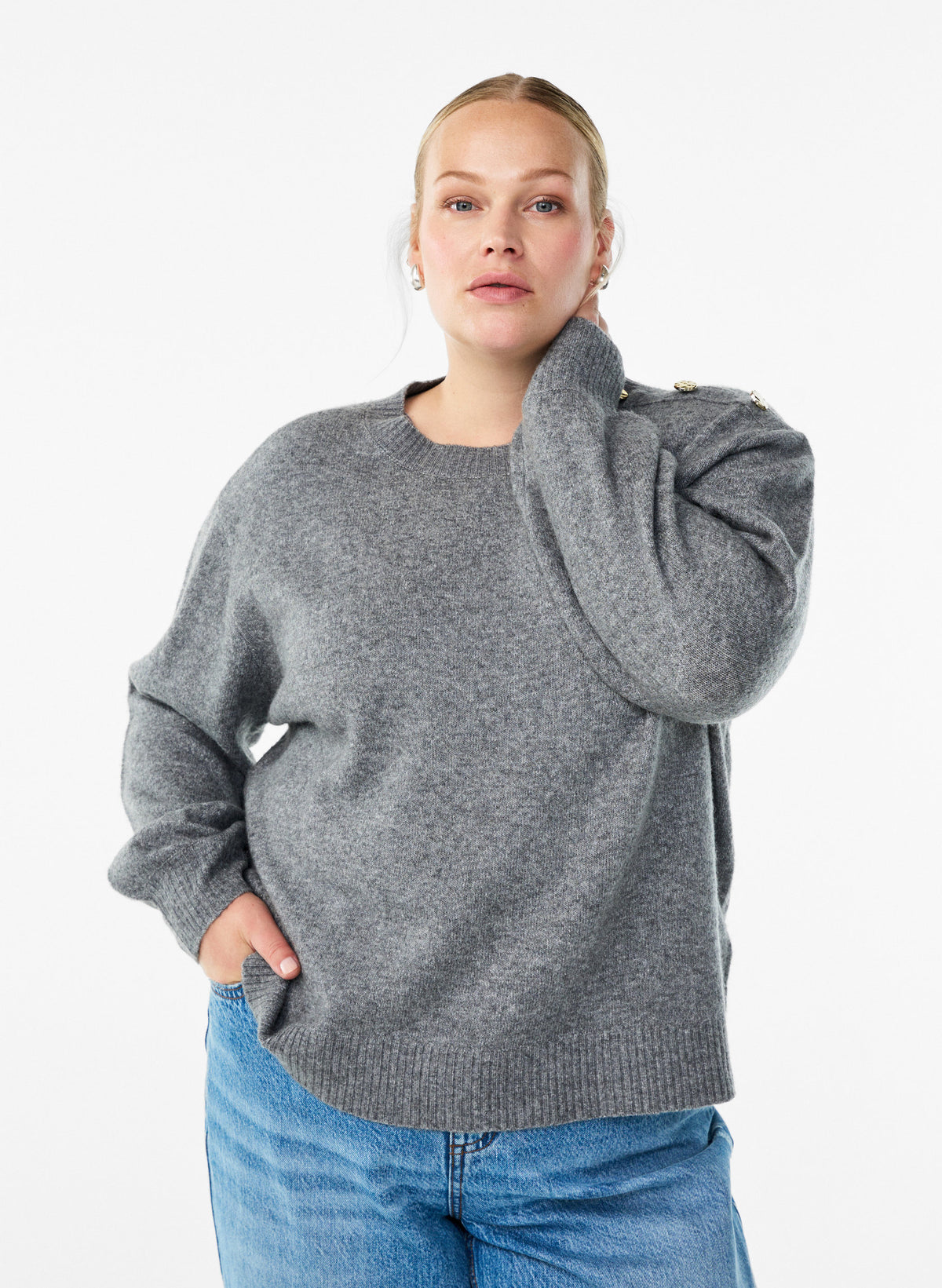Zizzi Vista Button Shoulder Jumper in Grey