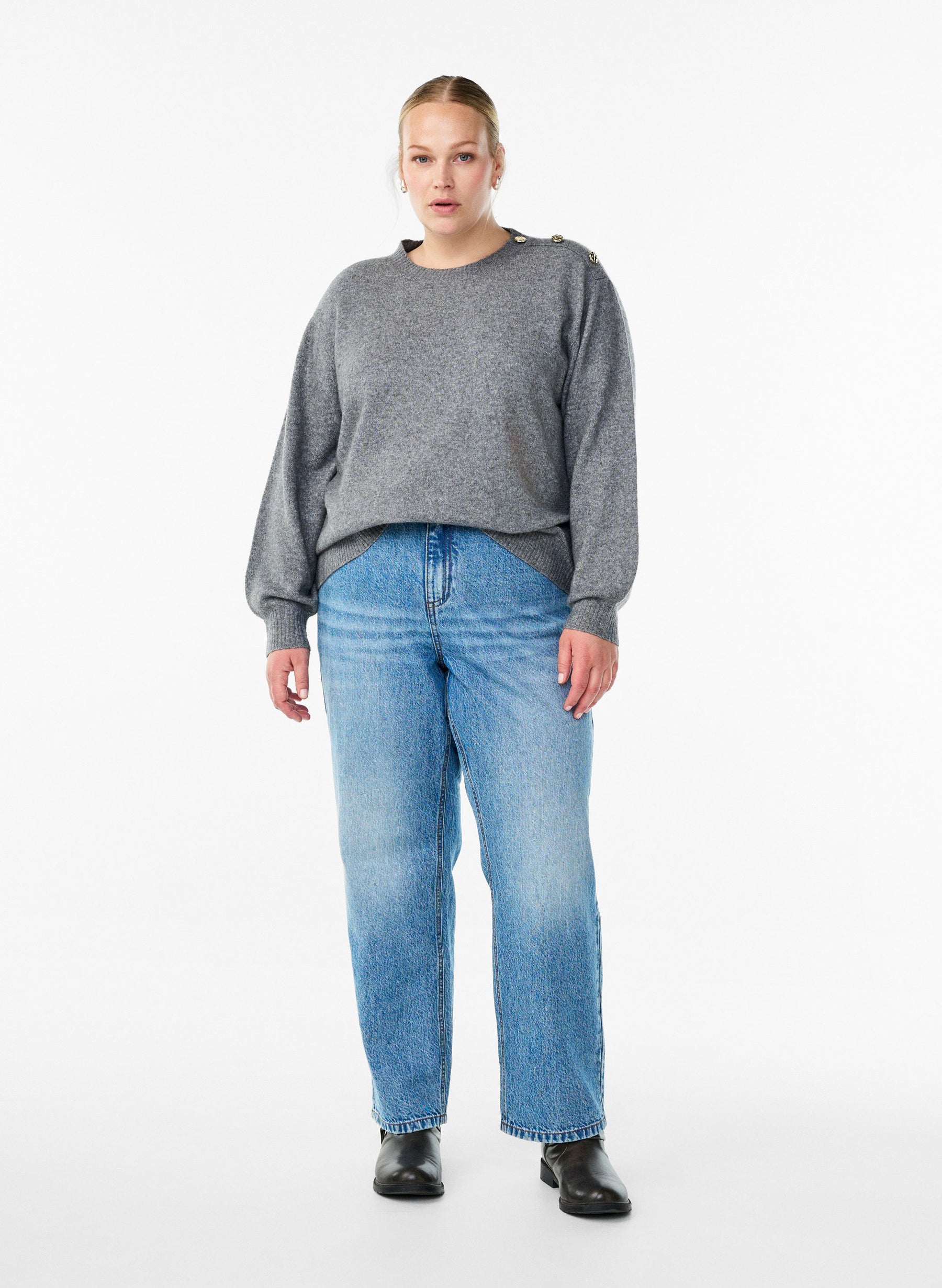 Zizzi Vista Button Shoulder Jumper in Grey