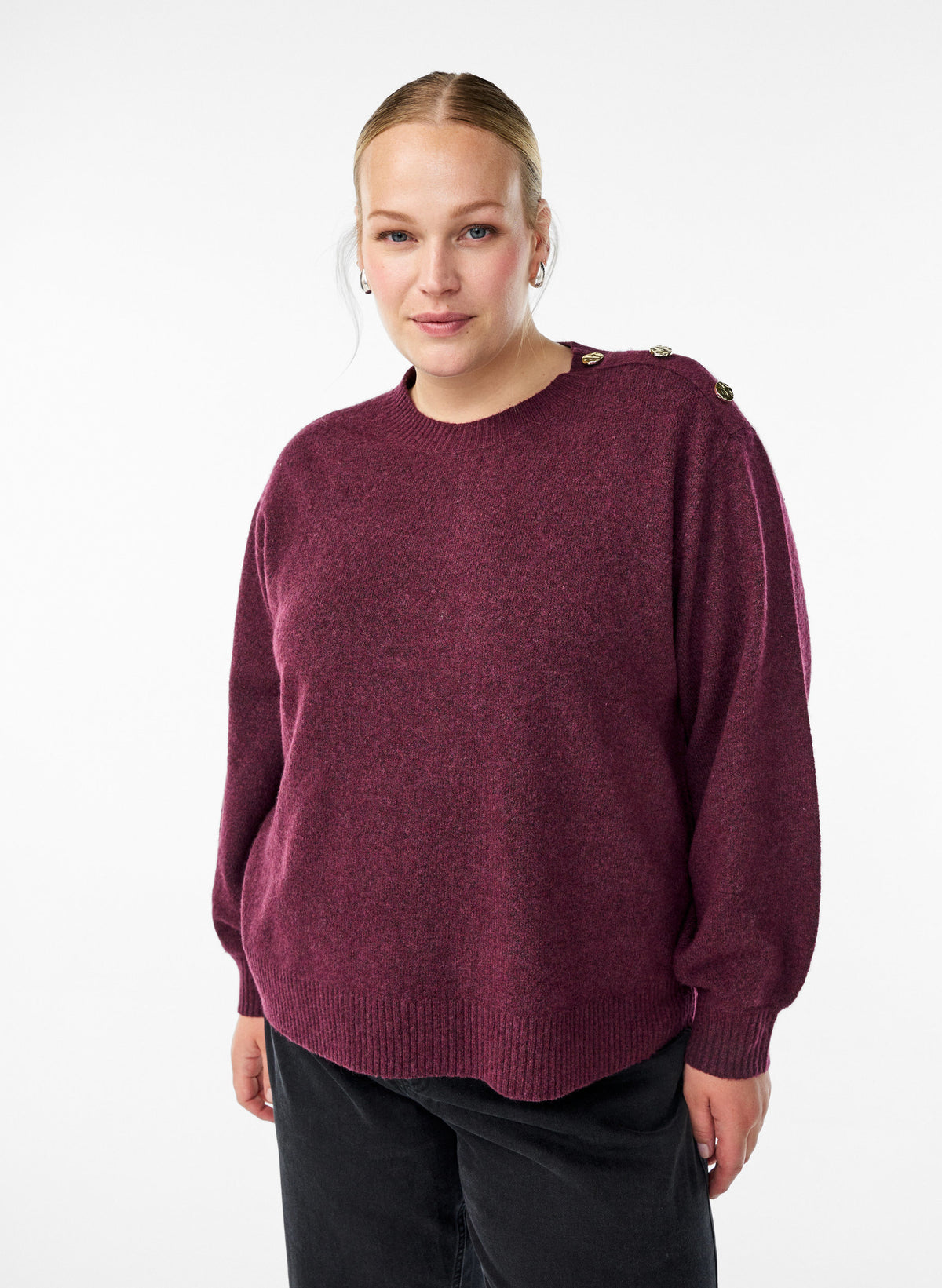 Zizzi Vista Button Shoulder Jumper in Wine