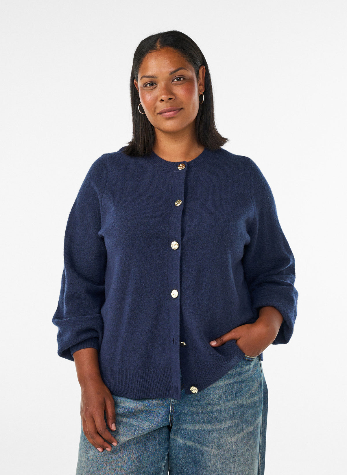 Zizzi Vista Gold Button Cardigan in Navy