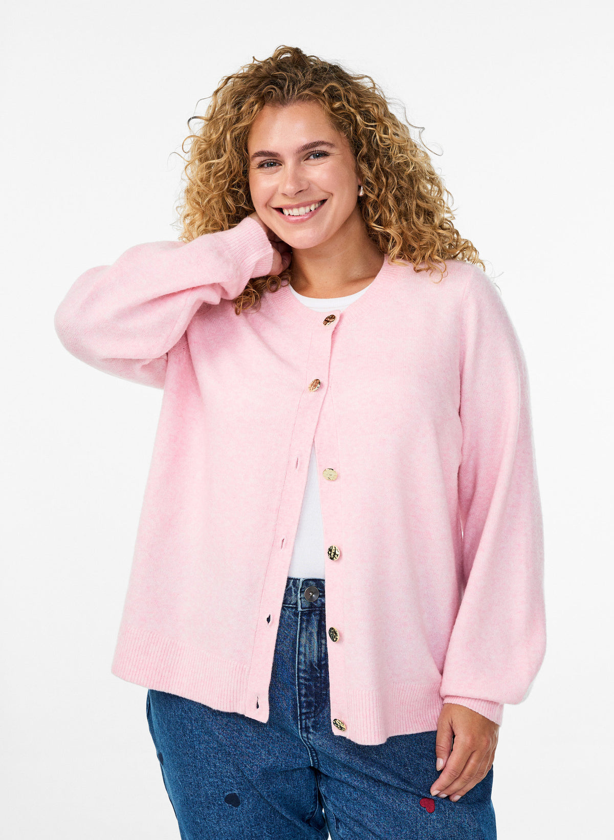 Zizzi Vista Gold Button Cardigan in Pink