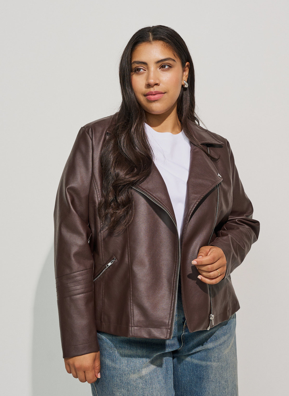 Zizzi Zoe Leather Jacket in Brown