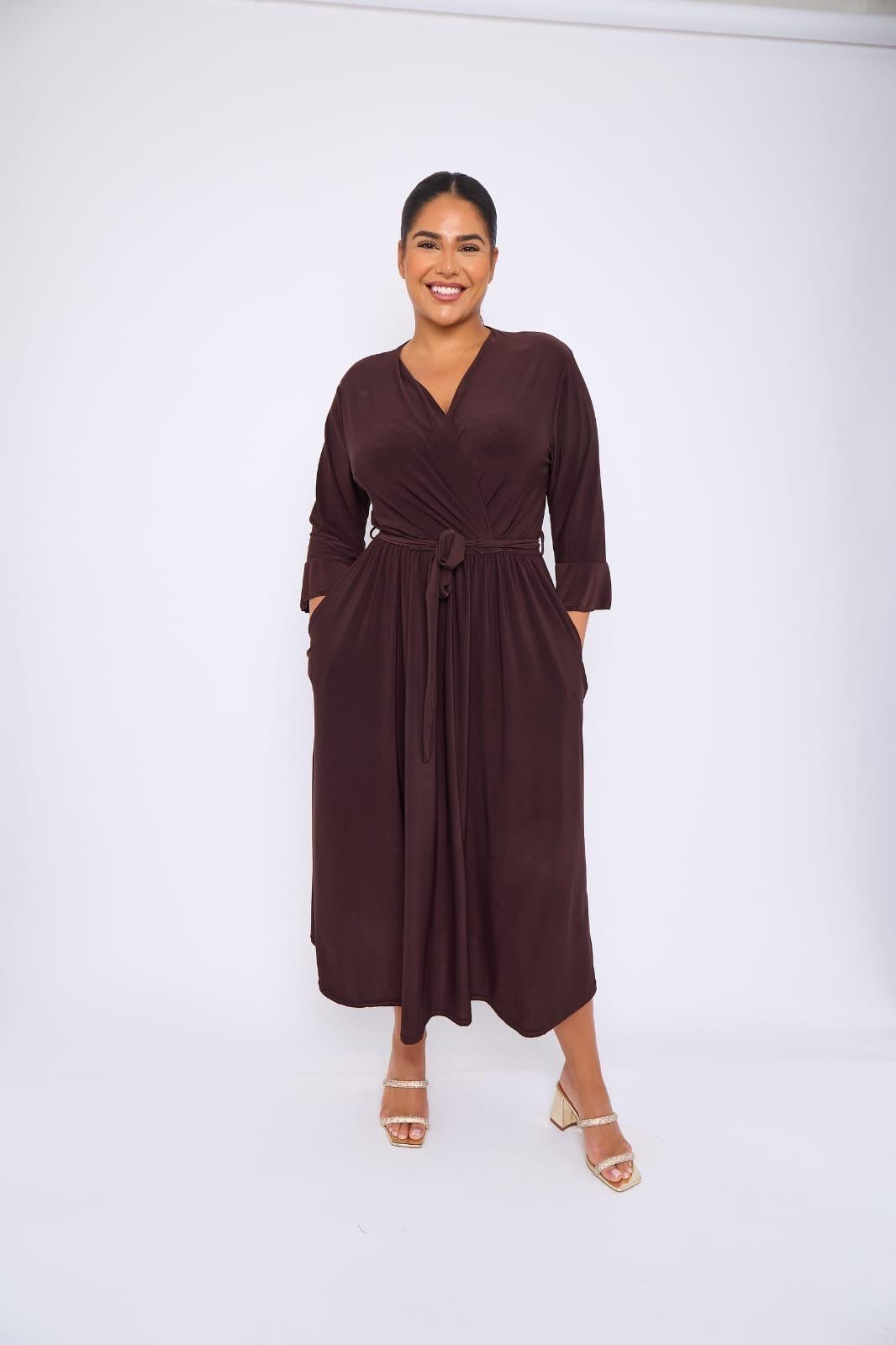 Dani Faux Wrap 3/4 Sleeve Dress in Chocolate