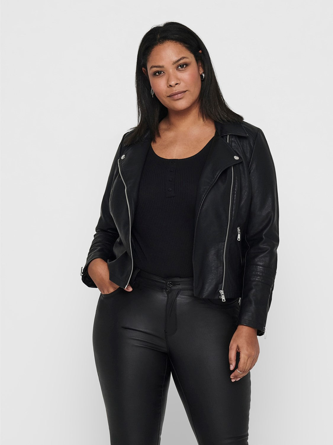 Only Carmakoma Faux Leather Biker Jacket in Black - Wardrobe Plus.