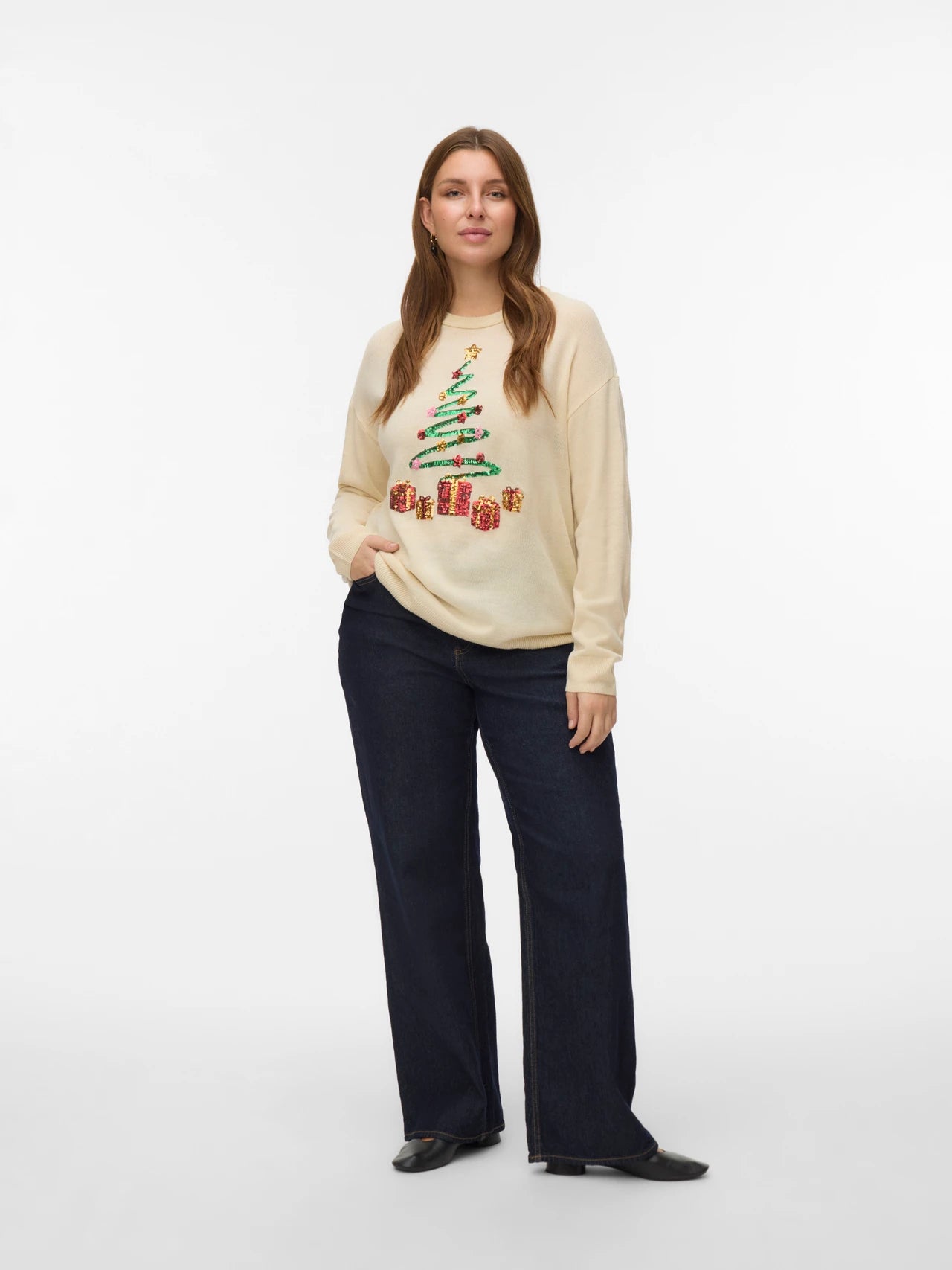 Vero Moda Curve X-Mas Tree Knit Jumper in Cream