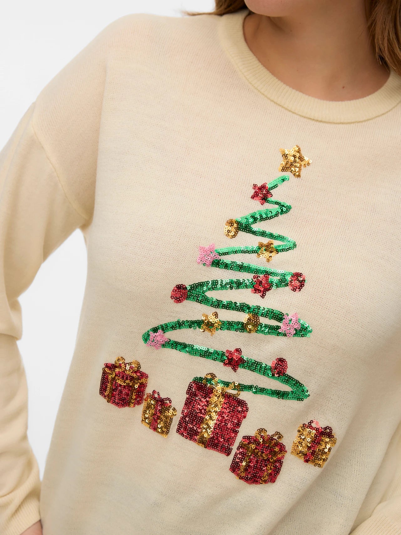 Vero Moda Curve X-Mas Tree Knit Jumper in Cream