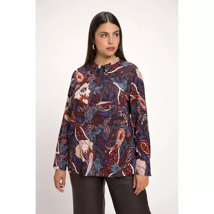 Ulla Popken Tie Neck Blouse in Paisley Print - Wardrobe Plus