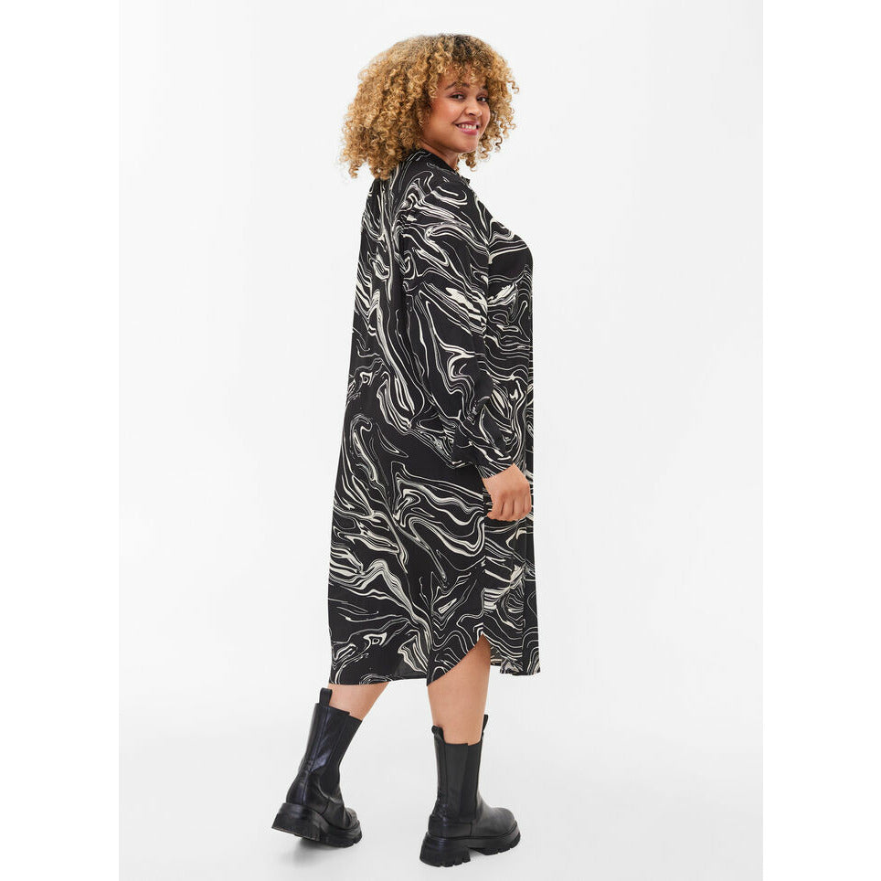 Zizzi Shirt Dress in Black Swirl - Wardrobe Plus