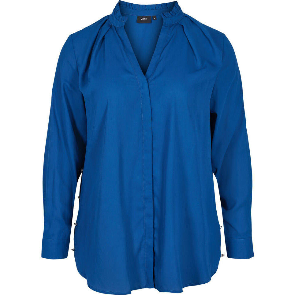 Zizzi Ruffle Collar Shirt Blue Plus Size Clothing Wardrobeplus.ie
