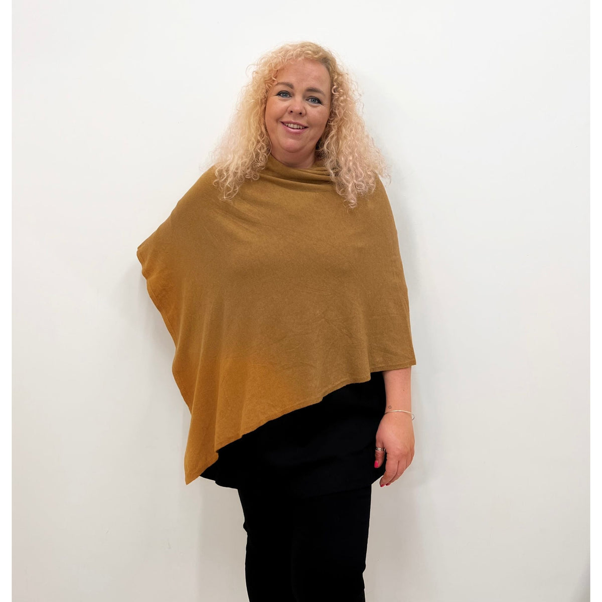 Fiona Fine Knit Poncho in Tan - Wardrobe Plus