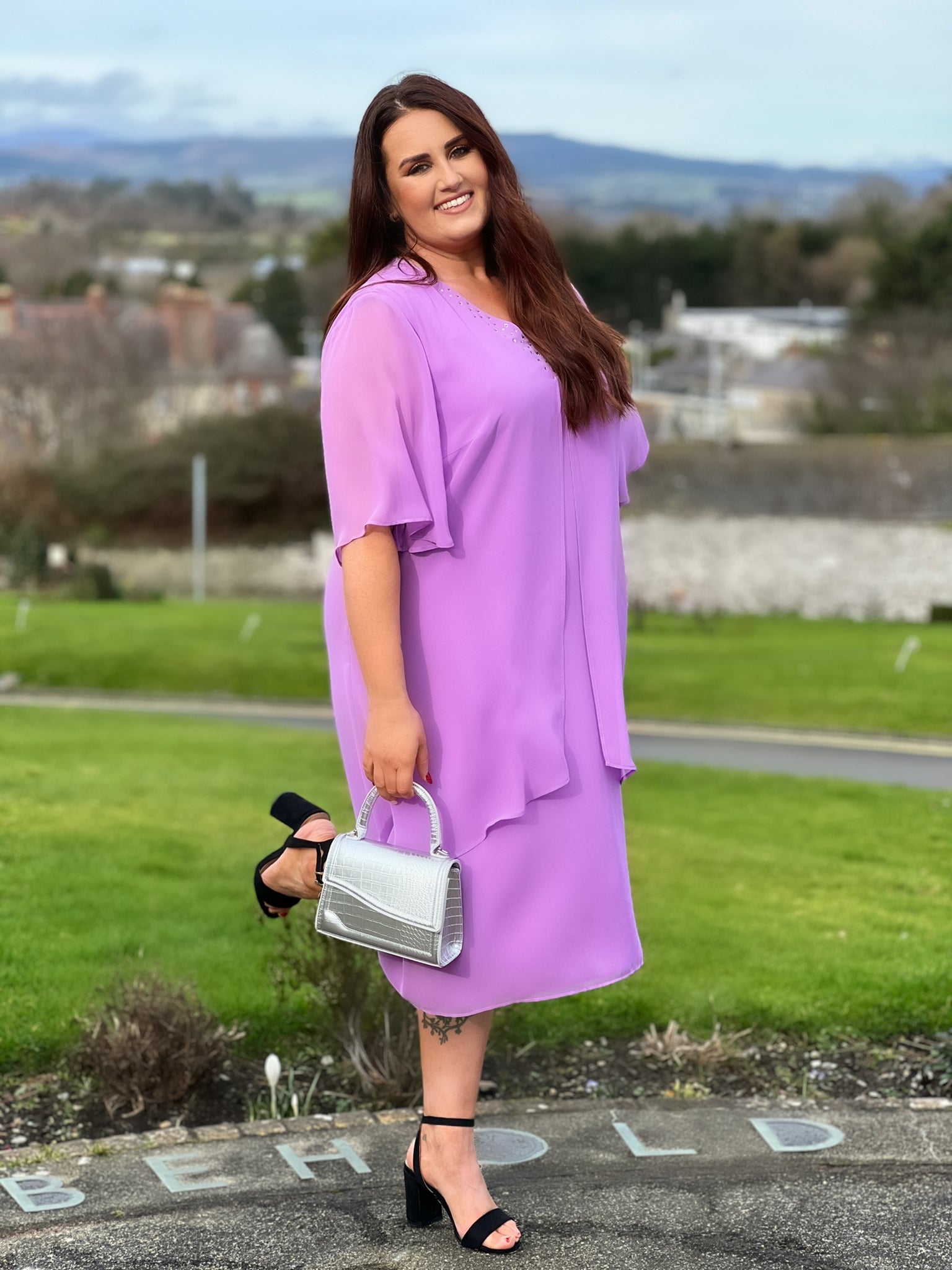 Godske Dress with Diamante Neck in Lilac - Wardrobe Plus