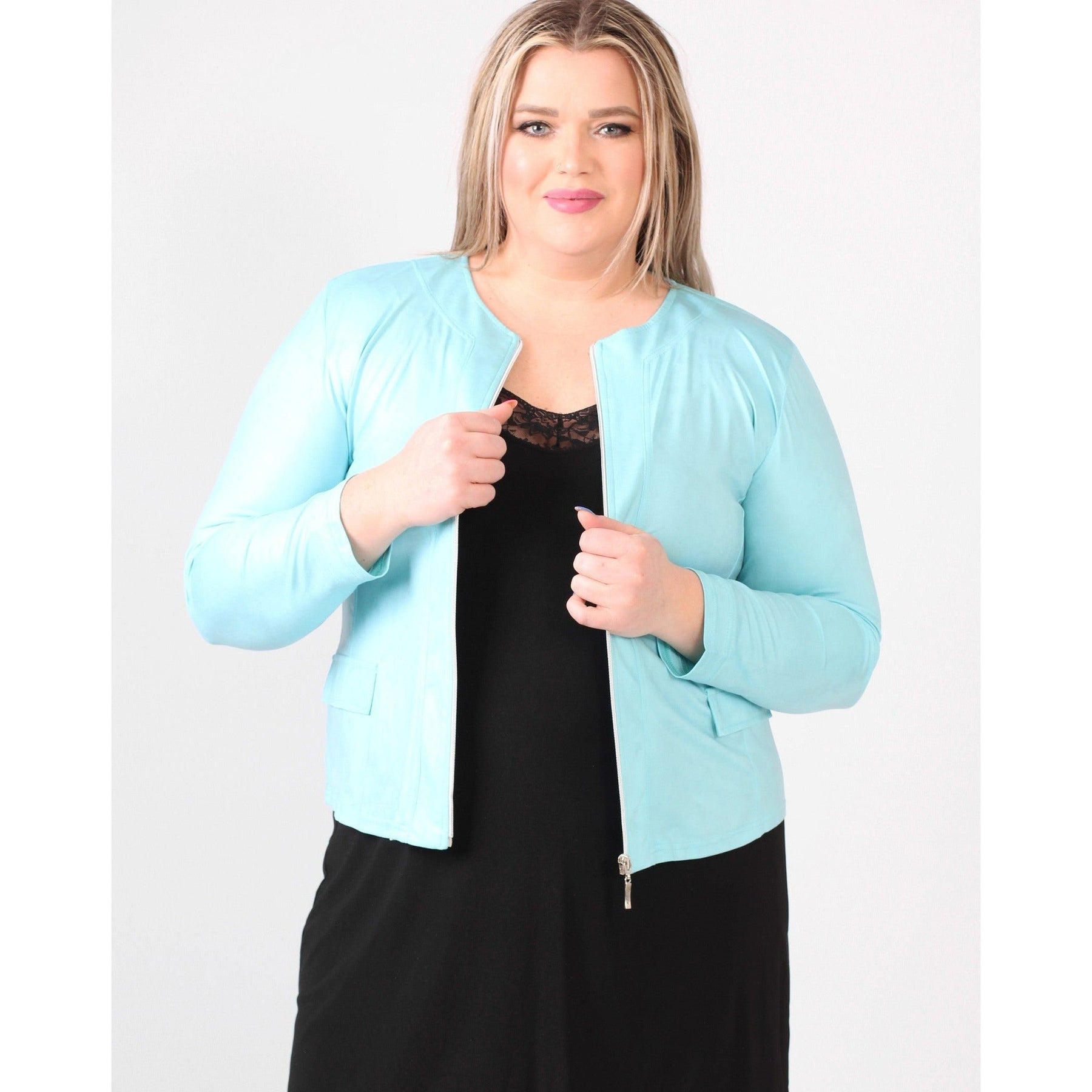 Magna Leather Look Jacket in Aqua Blue - Wardrobe Plus