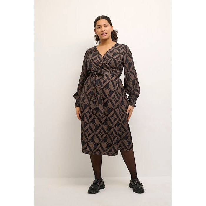 Kaffe Crazina Wrap Dress in Black and Brown - Wardrobe Plus