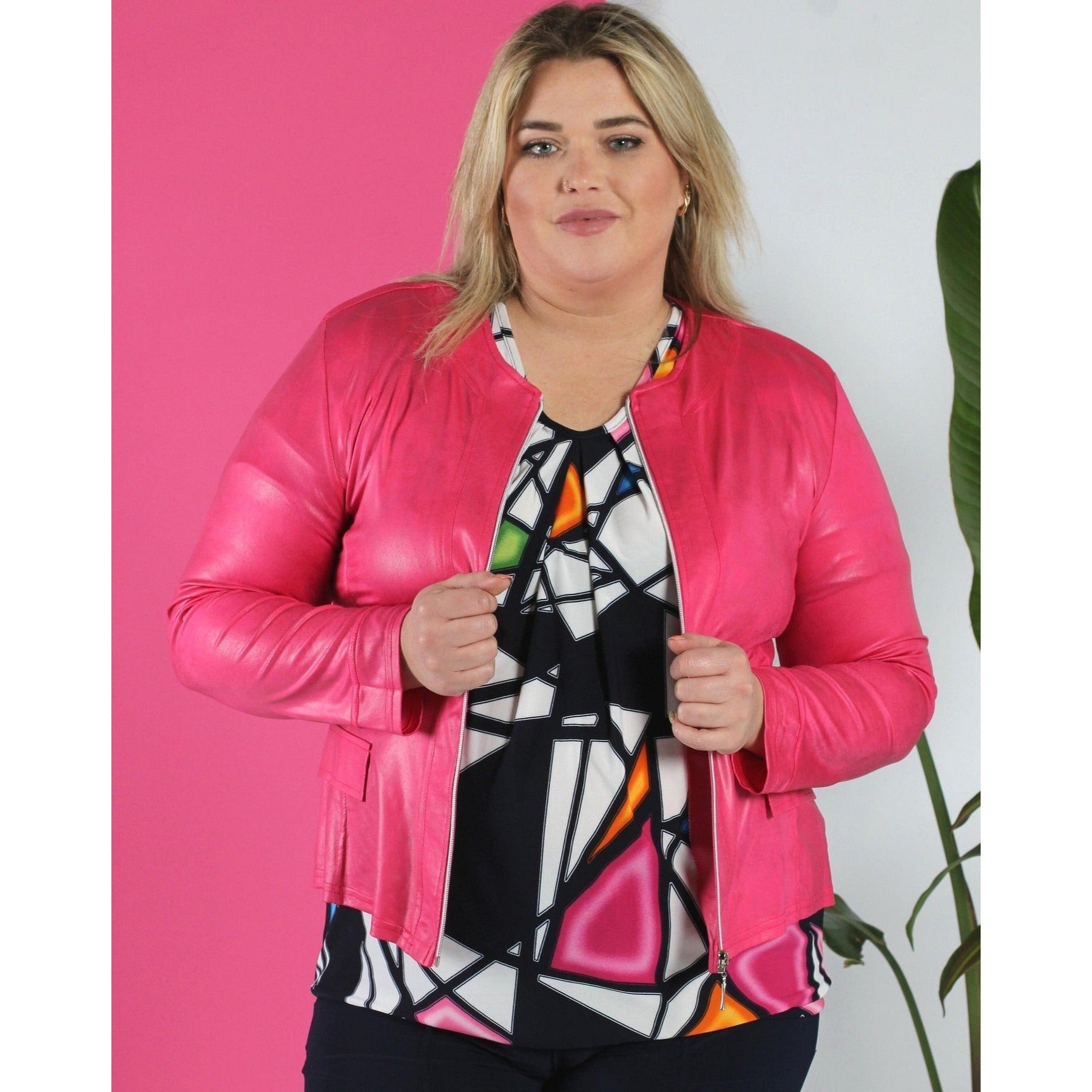 Magna Leather Look Jacket in Cerise Pink - Wardrobe Plus