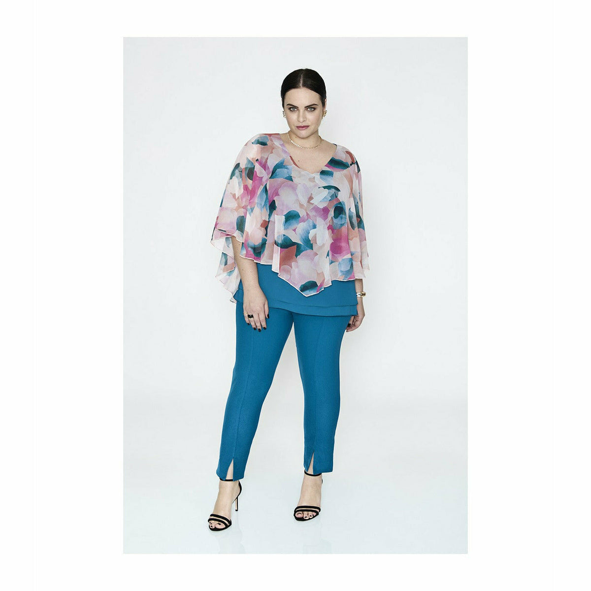 SPG Chiffon Layer Blouse in Teal Watercolour Print - Wardrobe Plus