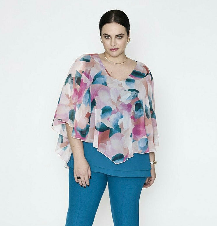 SPG Chiffon Layer Blouse in Teal Watercolour Print - Wardrobe Plus