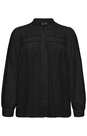 A black long-sleeve blouse with a high mock neck, button-down front, and gathered pleated detailing across the chest, shown against a plain white background.