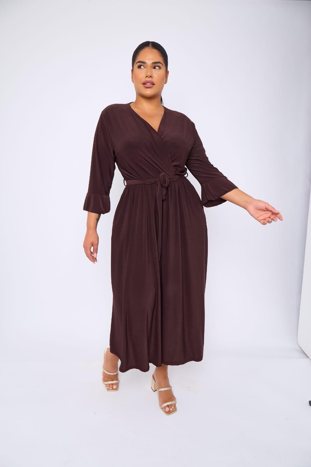Dani Faux Wrap 3/4 Sleeve Dress in Chocolate
