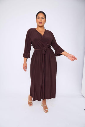 Dani Faux Wrap 3/4 Sleeve Dress in Chocolate