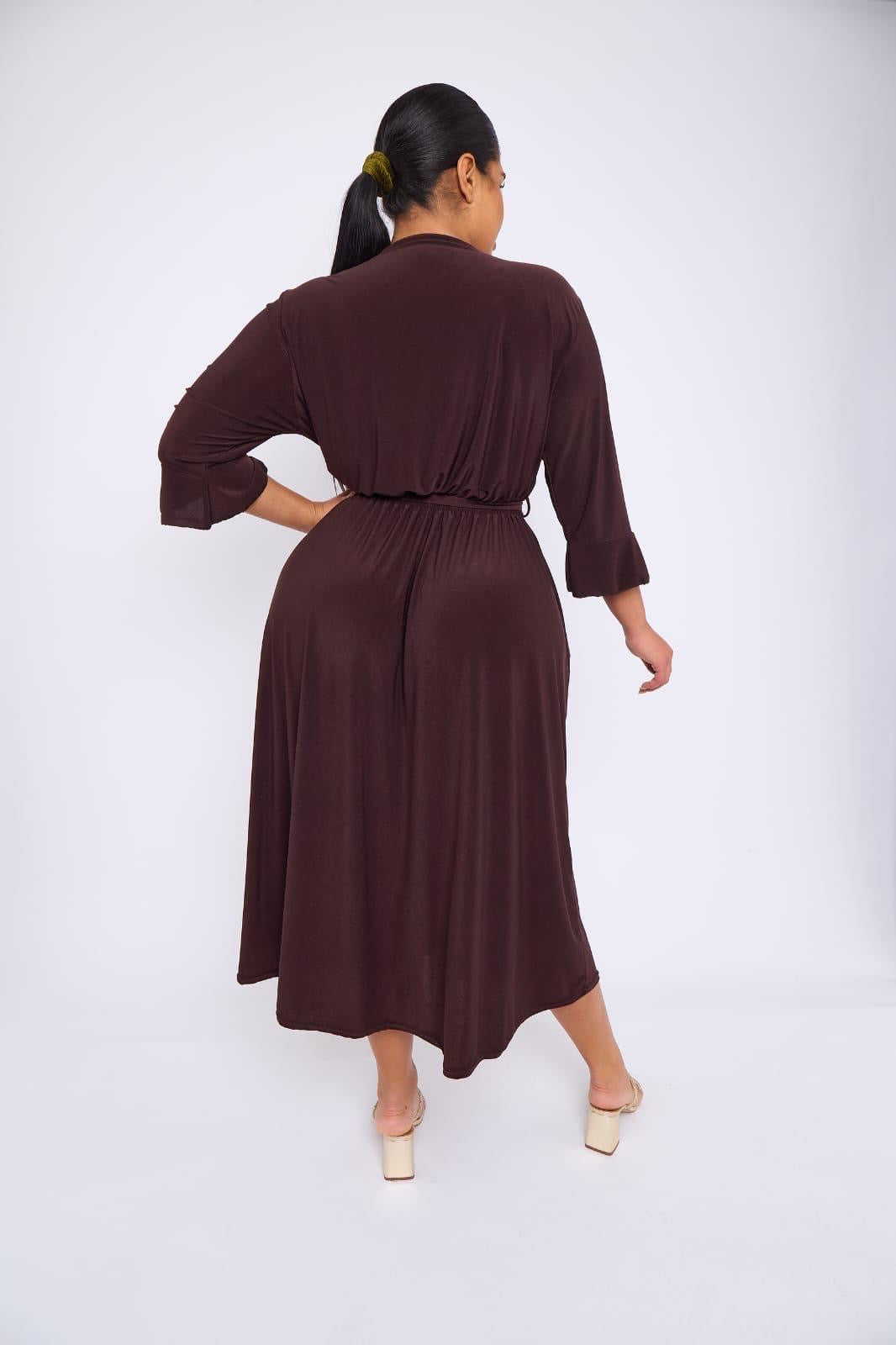 Dani Faux Wrap 3/4 Sleeve Dress in Chocolate